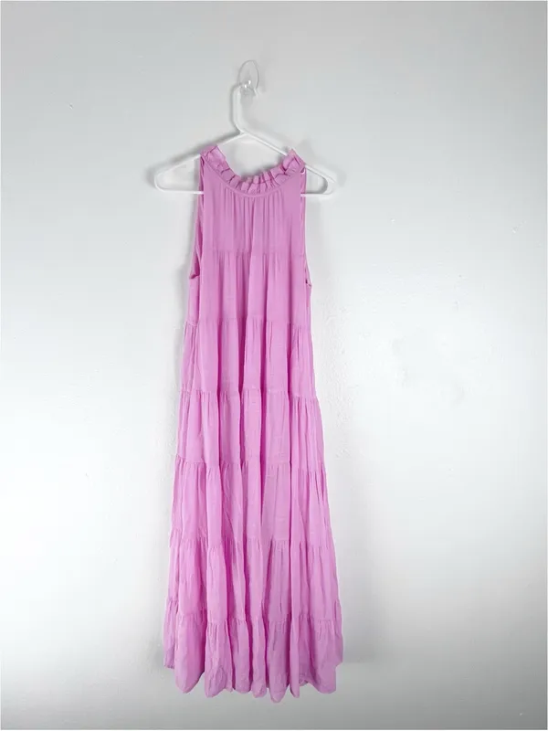 ENTRO Pink High Neck Tie Back Sleeveless Pockets Tiered Dress Small Boho Casual - Image 2
