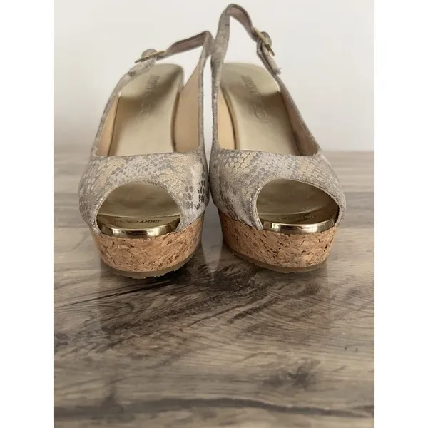 Jimmy Choo Prova Snake Print Silver Metallic Cork Wedges Heels Size 36.5 - Image 2