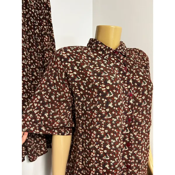 VINTAGE Jane Ashley Burgundy Floral Two Piece Shirt and Pleated Midi Skirt ML - Image 7
