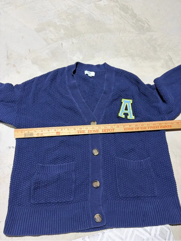Aerie Navy Knit V‑Neck Cardigan Sweater with 'A' Patch large - Image 3