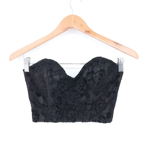 Black Floral Lace Strapless Corset Crop Top Sweetheart Zip Back XS - Image 2