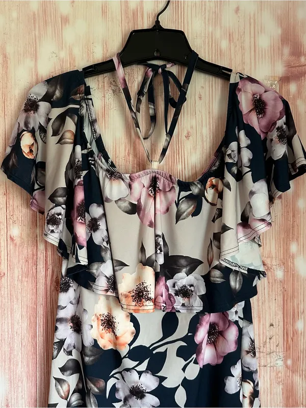 Venus Navy Blue Halter Pink Floral Flounce Top Mini Dress Size L - Image 3