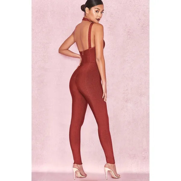 House of CB Cypresa Rust Lurex Collar Strap Jumpsuit Women’s Size XS - Image 2