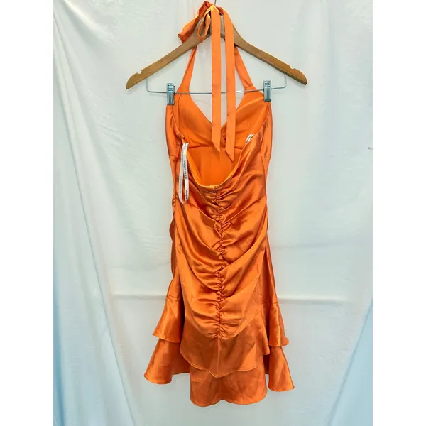 Morgan & Co. Orange Halter Dress Ruffle Size XS Formal Girls Womens Zipper‎ Back - Image 2