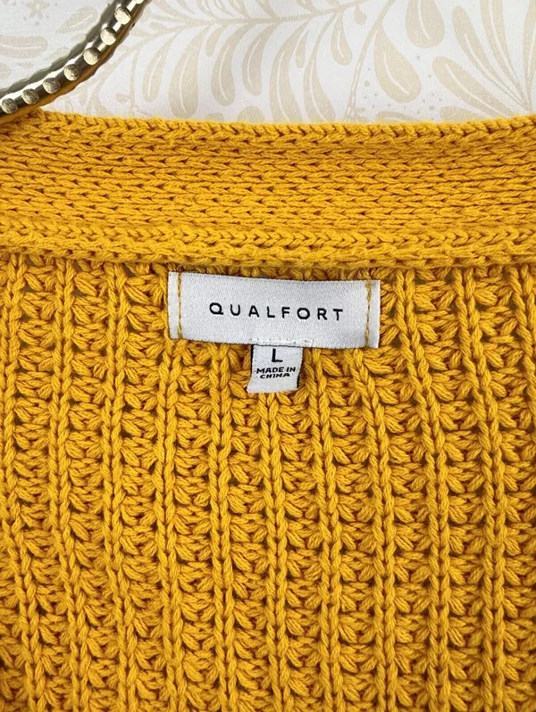 Qualfort Mustard Yellow 100% Cotton Button-Down Cardigan Sweater - Size - Large - Image 6