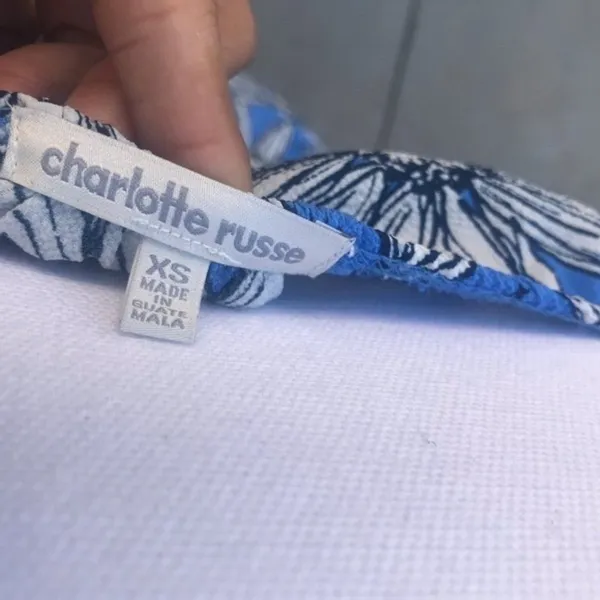 Charlotte Russe Dress XS Blue Floral Off Shoulder‎ Handkerchief Hem Tassel Belt - Image 4