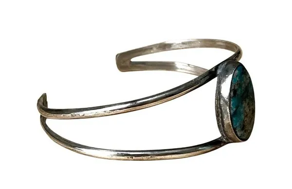 Vintage Sterling Silver and Turquoise Cuff Bracelet, Delicate Turquoise Cuff - Image 2