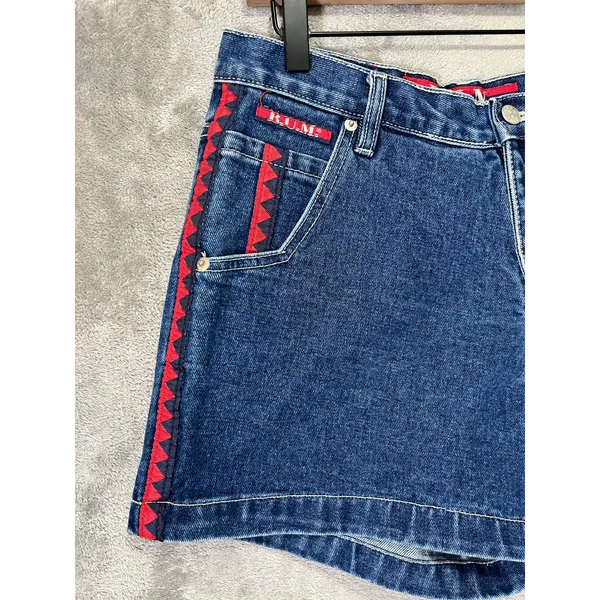 Vintage Y2K BUM Denim‎ Shorts Blue Red Side Trim Tribal Detail Retro 2000s SZ 30 - Image 3