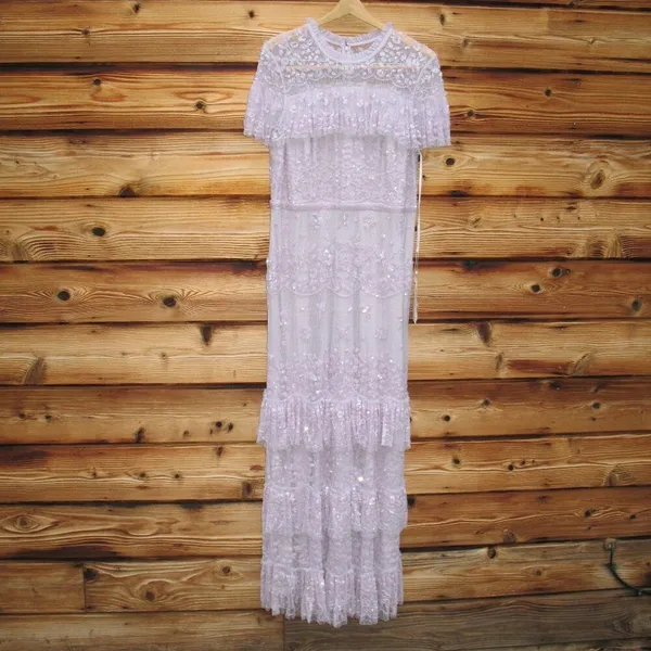 NWT Mac Duggal 9195 Illusion Mesh Overlay Ruffled Long Dress Lilac Size 14 - Image 6