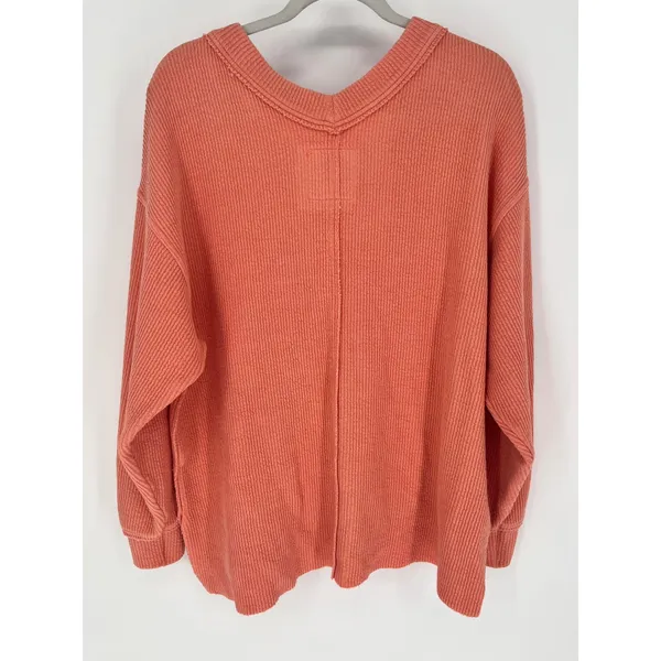 AERIE Wonder Textured V-Neck Sweatshirt Women Small Peach Waffle‎ Knit Oversized - Image 7