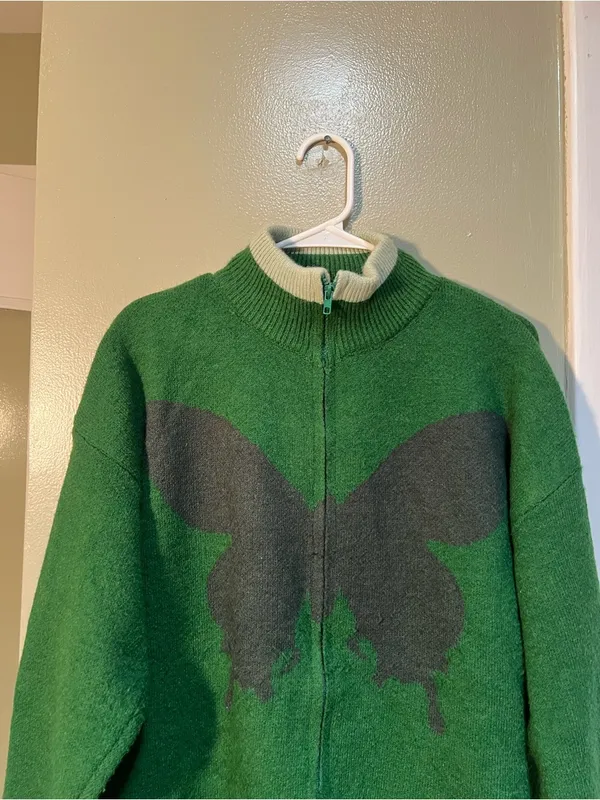 Vencede Women's Sz Medium Full Zip Sweater Green Gray Large Butterfly Print Soft - Image 3
