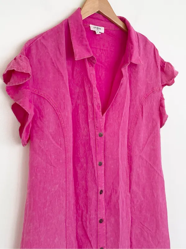 Umgee Hot Pink Ruffle Sleeve Collared Mini Shirt Dress S Small Barbiecore Boho - Image 7