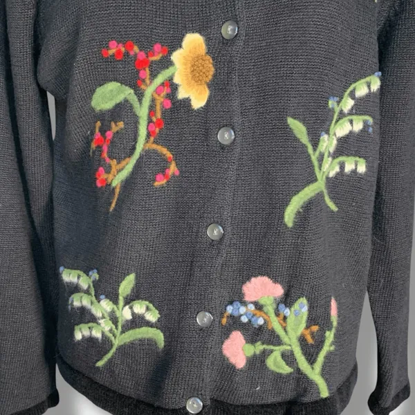 Susan Bristol Vintage Black Floral Embroidered Cotton Cardigan Dark Romance Knit Sweater - Image 5