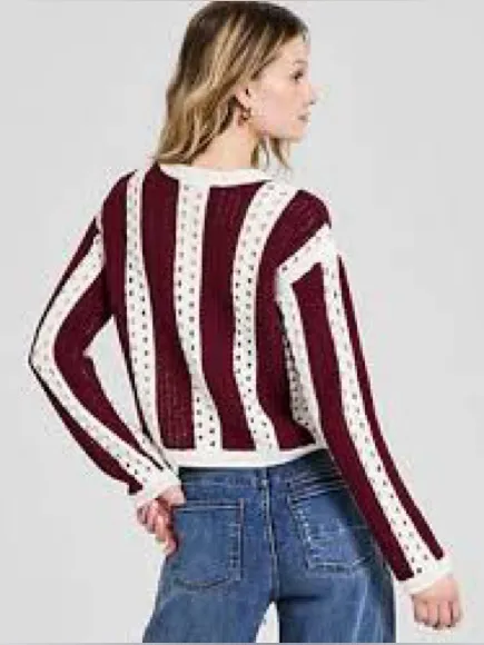 And Now This Burgundy Open-Stitch Stripe Long-Sleeve Sweater Size Large - Image 3