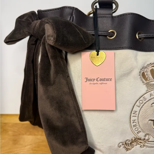 Juicy Couture Daydreamer Velour Tote Brown Cream Crown Crest NWT - Image 6