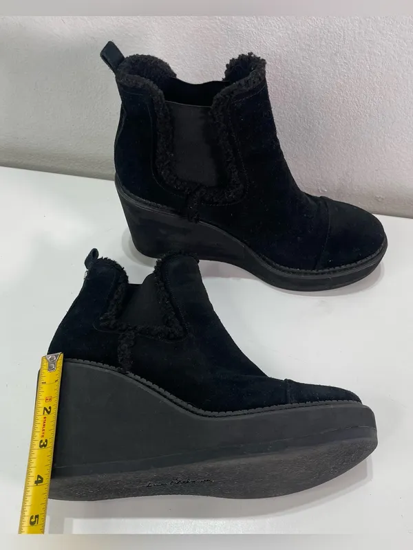 Sam Edelman Black Wedge Chunky Boots Women 10 Suede Bootie Faux Fur Trim Grunge - Image 3