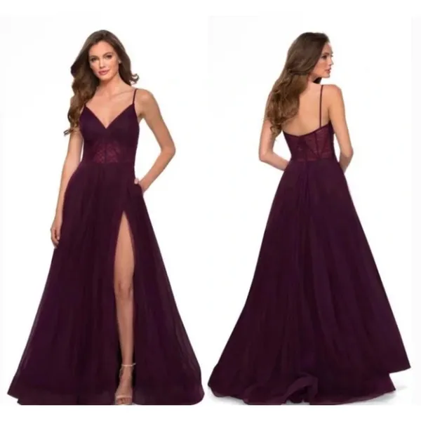 La Femme 29076 V-Neck Boned Bodice High Slit Illusion Tulle Ball Gown Size 00‎ - Image 4