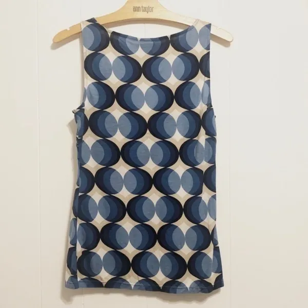 Ann Taylor Tank Blue White Beige Geo Print Office Chic Summer Top S - Image 3