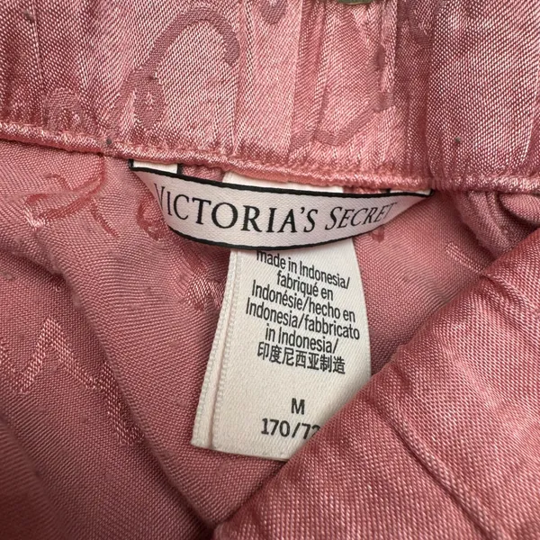 Victoria's Secret Satin Pajama Set Black Pink Logo Print Long‎ Sleeve Pants L M - Image 4