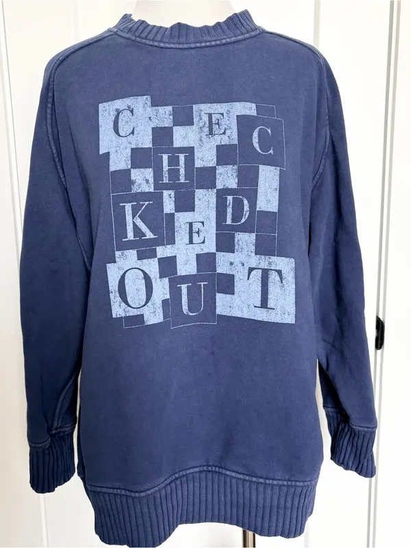 AERIE Checked Out Oversized Crew Neck Pullover Sweatshirt Size XS - Image 2