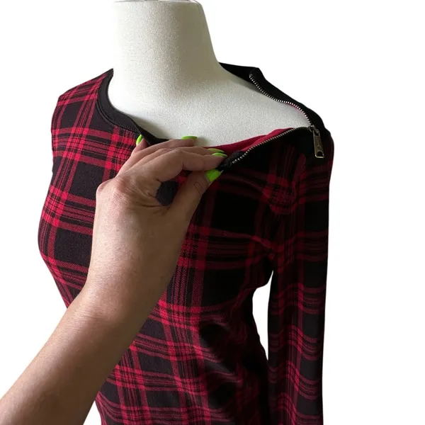 Lauren Ralph Lauren Plaid Top Red Black Shoulder Zip Elbow Patch Size L - Image 6