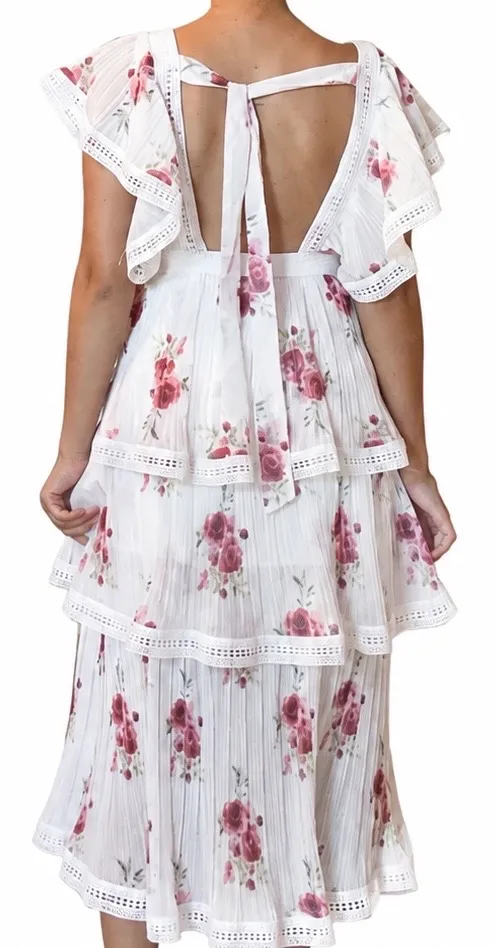 White and red floral dress with lace trim - Image 2