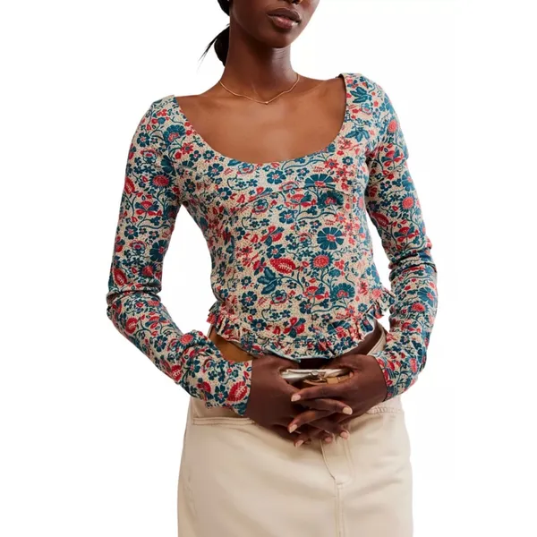 Free People sz M Ruffle Paisley Melanie Scoop Top Blouse Boho Feminine Cottage - Image 2