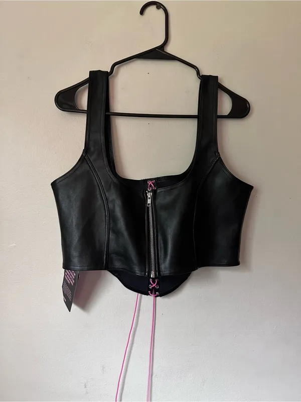 Blackmilk Black Faux Leather Corset Crop Top with Pink Lace-Up - Image 11