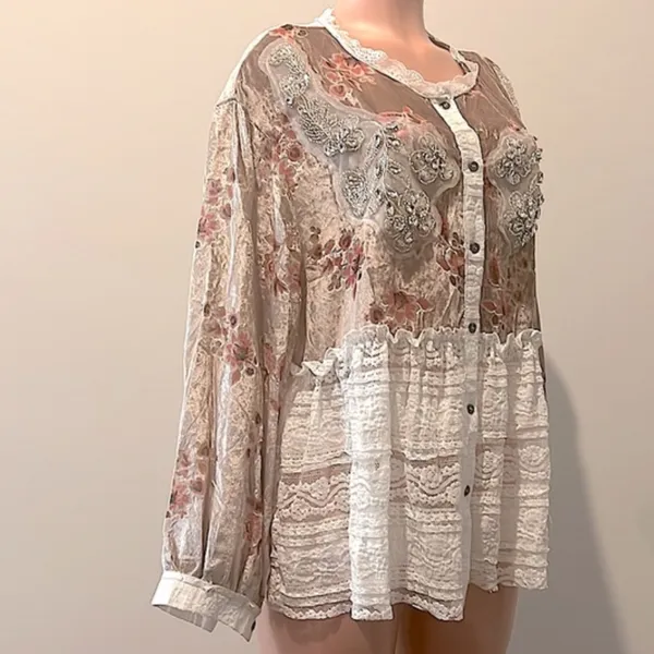 POL Velvet Burnout Lace Combo Embellished Tunic in Beige Combo sz medium - Image 8