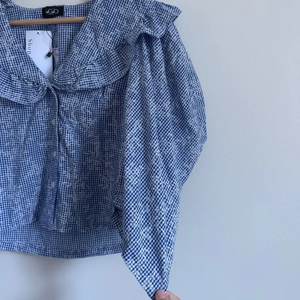 NEW Gigio Gingham Floral Puff Sleeve Top size small blue ruffle boho NWT blouse - Image 5