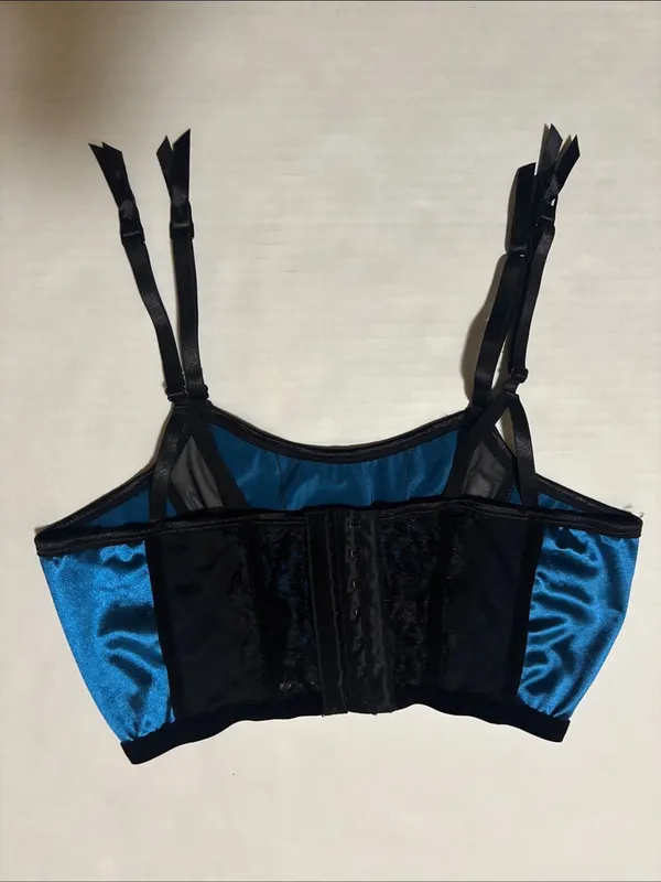 Blue Satin Garter Belt with Black Lace Trim S Coquette Girl Pinup Feminine Rave - Image 2