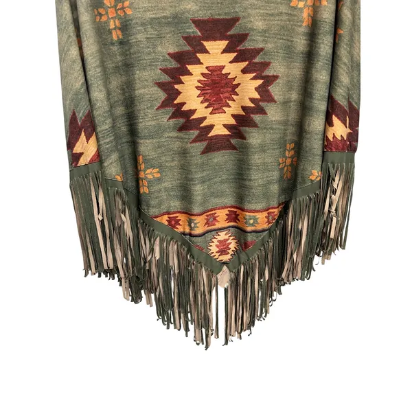 Southwestern Aztec Fringe Poncho Tunic Sage Green Earth Tone Top Santa Fe XL/XXL - Image 7