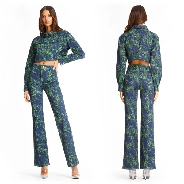 I.AM.GIA Pant Tali Denim Flare Animal Print High-Rise Green Tiger‎ XS EUC - Image 5