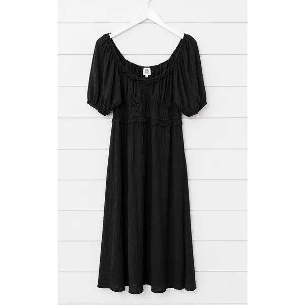 DRA Los Angelos black smocked bust puff sleeve dress M - Image 2