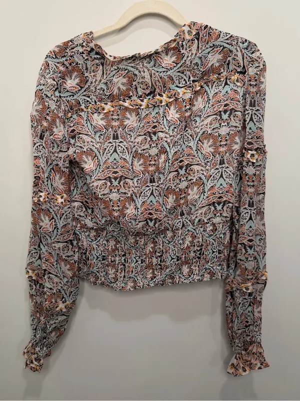 Anthropologie Paisley Ruffle Smocked Waist Blouse Small Multi-Color OB1487981 - Image 4