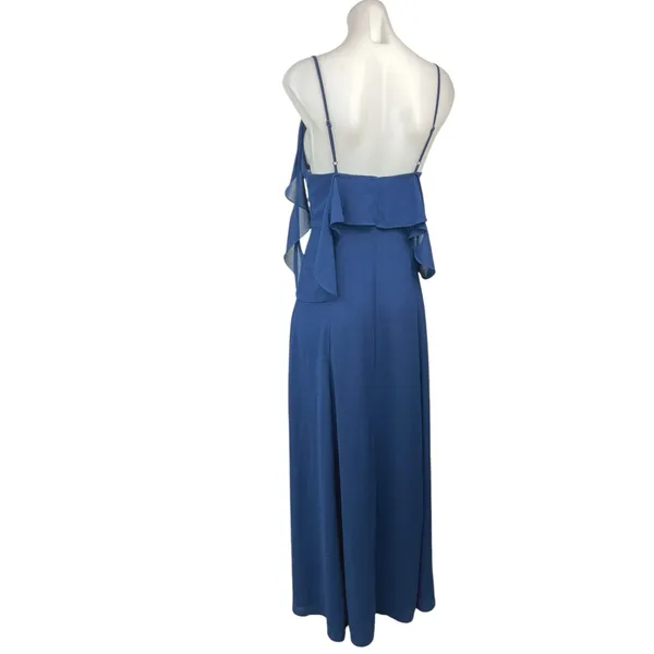Lulus Navy Blue Ruffle V Neck Drapey Cold Shoulder Bridesmaid Maxi Dress Size S - Image 2