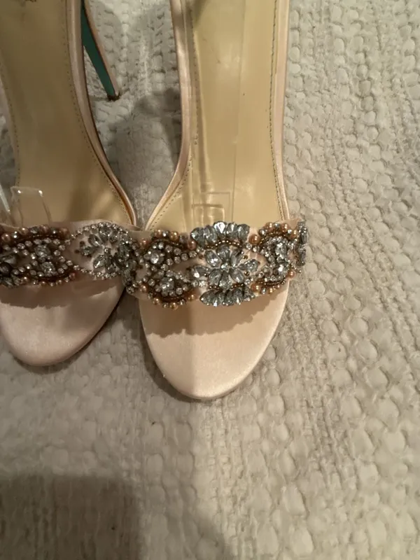 Blue by Betsey Johnson Gina Champagne Satin Rhinestone Ankle Strap Heels - Image 3