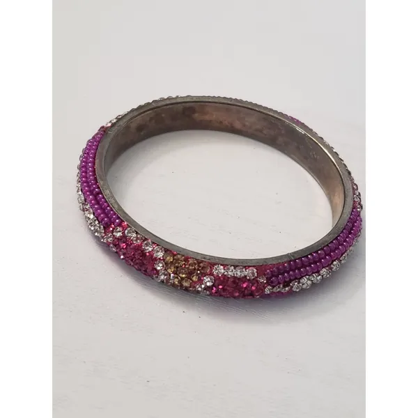 Vintage Bracelet / Bangle - Pink, Clear Gems & Light Gold Tone Gems 7" - Image 5
