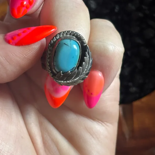 Vintage Native American Navajo Turquoise & Sterling‎ Leaf Ring Patina Sz6 - Image 5