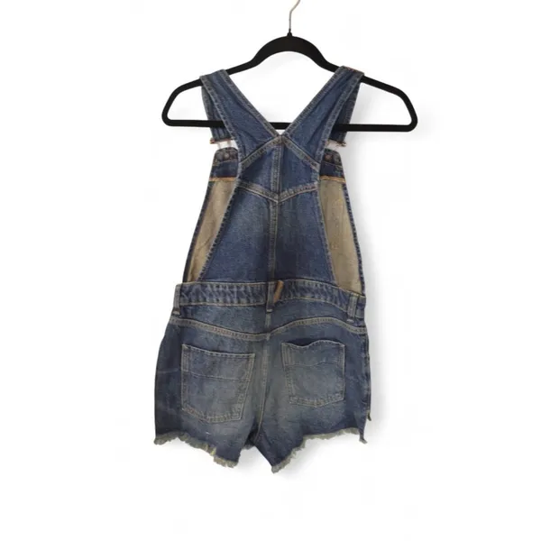 Free People Denim Overalls Romper Size: 2 Blue Zip Front Frayed Shorts Pockets - Image 2