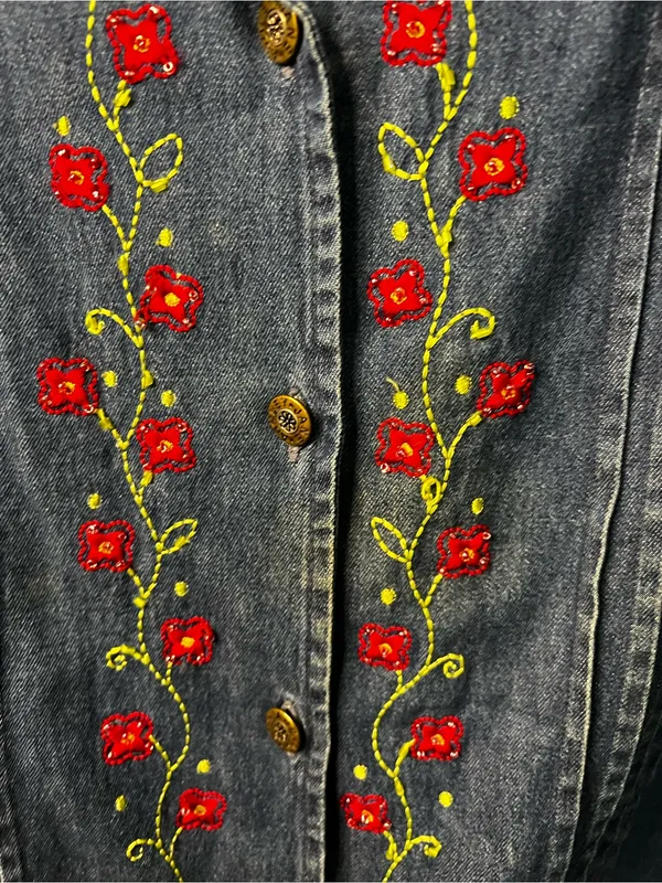 Jane Ashley Vintage Denim Red Floral Embroidered Button Down Plus Size Top - Image 4