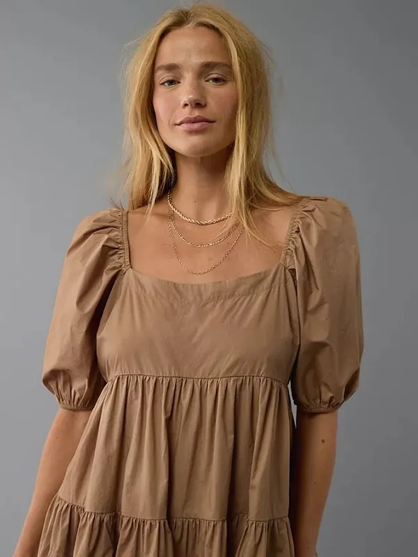 American Eagle Outfitters Brown Mini Puff Sleeve Dress, Size Medium, NWT - Image 3