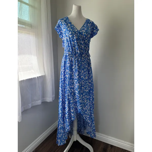Grecerelle Blue & White Floral Print V-Neck Short Sleeve High Low Maxi Dress - Image 9