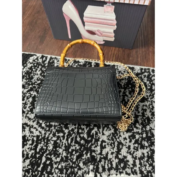 Black Croc-Embossed Bamboo-Handle Shoulder Bag with Gold Hardware - Image 3