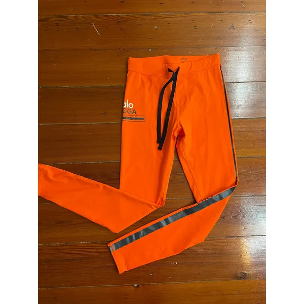 Alo Yoga Orange Logo Side Stripe Drawstring Leggings Women’s Small - Image 7
