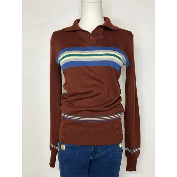 Vintage Falcon Court Burgundy Striped Knit Polo Sweater Brown Blue Green M - Image 2