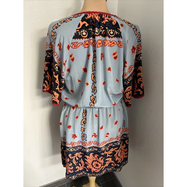 Plenty by Tracy Reese Silk Boho Paisley Mini Dress Blue Orange Tassel Size‎ M - Image 4