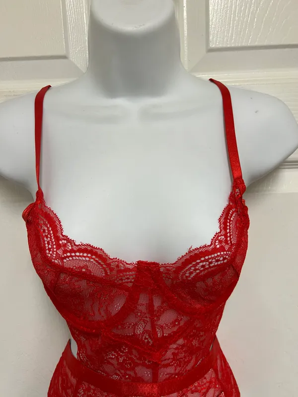 SheIn Red Lace Love Gothic Bodysuit - Image 7