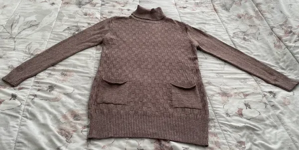 Wool Blend Brown Cable Knit Turtleneck Sweater Dress with Pockets, size M - Image 7