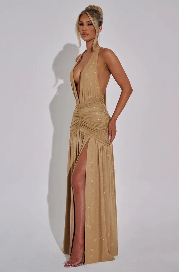 Oh Polly Gold Sparkle Maxi Dress - Image 3